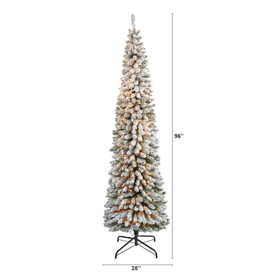 8ft. Pre-Lit Flocked Pencil Artificial Christmas Tree with Clear LED Lights